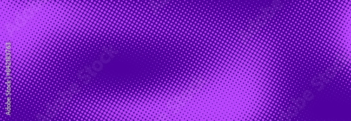 Purple halftone pattern. Retro comic gradient background. Violet pixelated dotted texture overlay. Cartoon pop art faded gradient pattern. Vector backdrop for poster, banner, advertisement