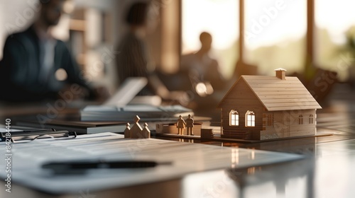 House model and contract, agent and customers discussing buying renting house, get insurance or loan real estate or property on background. Concept of mortgage