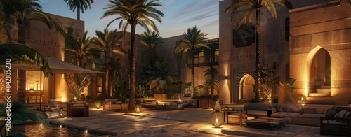 a stunning modern hotel resort in the middle of an ancient arabian city, outdoor seating and lighting, palm trees, architecture inspired by desert landscapes, evening time, hyper realistic