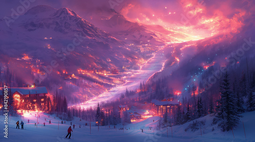 Skiers Descend Snowy Slopes Amidst Glowing Pink And Purple Horizon At Sunset