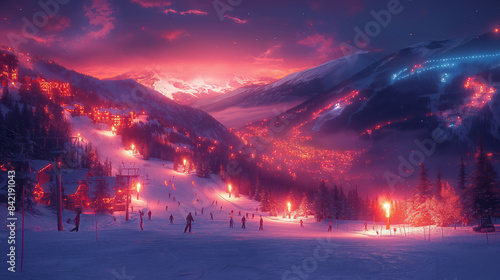Skiers Enjoy Dusk Skiing With Pink And Purple Sky And Illuminated Village