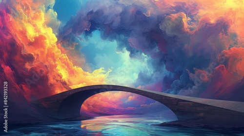 Bridge under vibrant sunset sky with swirling clouds over calm water, fantasy landscape concept