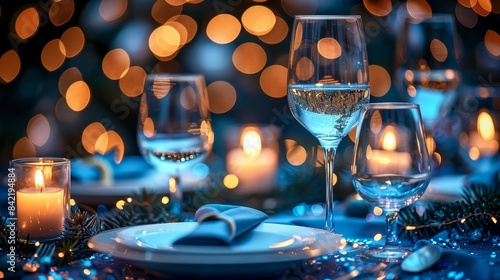 Elegant table setting for a festive celebration with beautifully lit candles, sparkling glassware, and a magical bokeh backdrop creating a warm ambiance