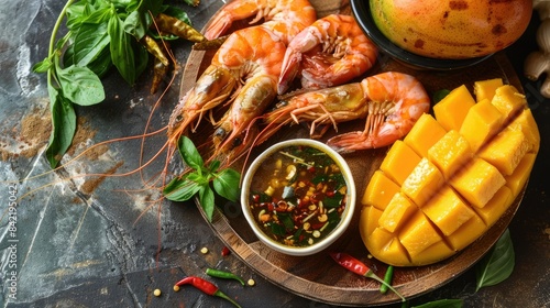 Fresh raw mango slices on a wooden plate, served with a bowl of dark-brown sugar sauce, shrimp, shallots, and chili