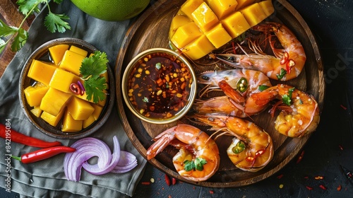 Fresh raw mango slices on a wooden plate, served with a bowl of dark-brown sugar sauce, shrimp, shallots, and chili