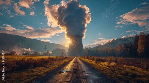 A towering cooling tower emits a massive plume of steam against a dramatic sunset sky, captured along a rural road with surrounding trees and fields