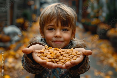 A young child joyfully displaying a handful of golden seeds against a backdrop of autumn leaves in a charming outdoor setting, symbolizing harvest and abundance