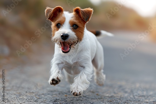 A joyful Jack Russell Terrier runs enthusiastically on a sunny day, showcasing its lively and energetic nature on a paved path outdoors