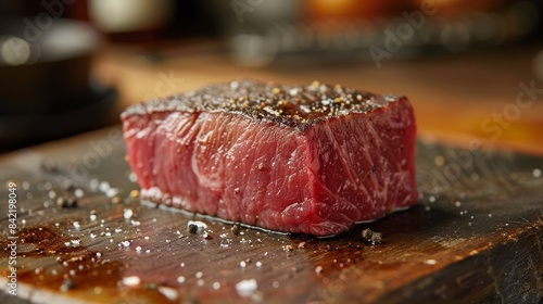 A close-up of a raw tuna steak on a wooden cutting board, seasoned with sea salt and cracked pepper, emphasizing the fresh and high-quality nature of the seafood