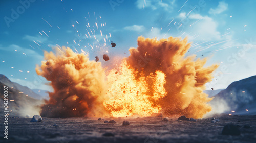 爆発する炎と粉塵。鉱山と青空が背景。