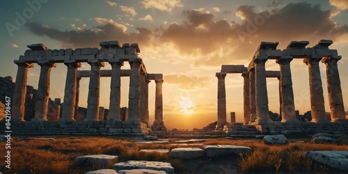 ancient greek ruins at sunset wide angle panoramic symmetric banner background