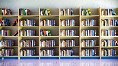Organized Bookshelves in a Colorful School Library