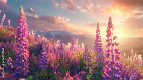 Beautiful purple lupine flowers on a hillside with the sun shining through them. 