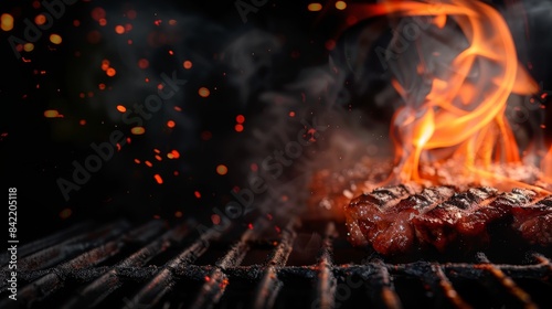 Barbecue grill with burning flames on a black background, in a closeup. Flaming BBQ grilled meat fire on black, Copy space for text or design. Barbeque concept