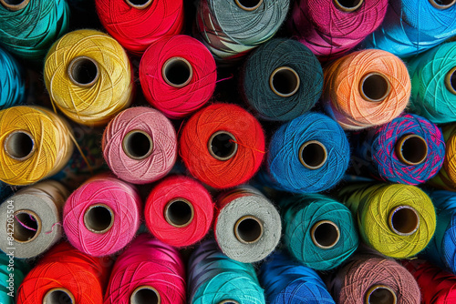 A tightly packed collection of spools of thread in various colors, filling the entire frame. The threads come in shades of red, blue, green, yellow, and pink, creating a vibrant and crafty background.