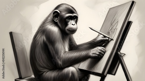 A detailed sketch of a monkey perched on an easel, lost in creative thought as it paints its self-portrait in a charcoal drawing style