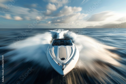 A speedboat racing on open water, with the boat's bow in focus and the water and waves creating a motion blur effect