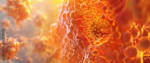 Microscopic 3D ing of an orange blood cell with sun shining background in medical research concept