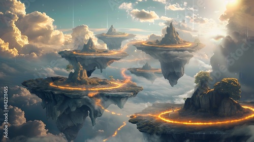 Surreal Floating Islands with Glowing Paths Representing the Afterlife