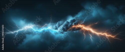 Dramatic Clash of Blue and Orange Lightning Bolts in a Stormy Sky – Electrifying Energy and Power in Nature
