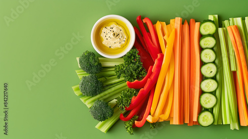 A beautifully arranged platter of fresh, colorful vegetable sticks including carrots, celery, bell peppers, and cucumbers, with a side of hummus on a solid green background