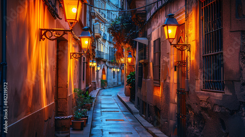 Mysterious narrow alley with lanterns in Valencia