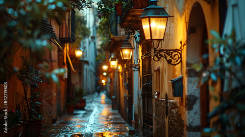 Mysterious narrow alley with lanterns in Valencia