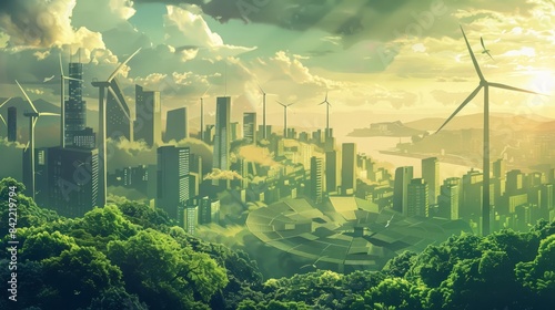 A cityscape powered by various forms of green energy, including solar, wind, and hydropower