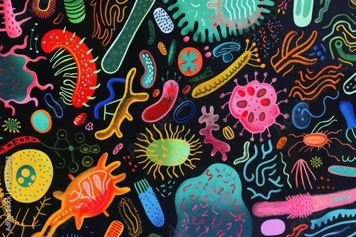 A colorful illustration of various types of microorganisms, showcasing the diversity of microbiology