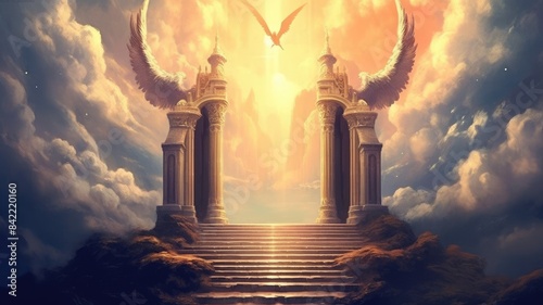 The picture of fantasy heaven gate, the light and creature with wing representative of angel, the messenger of god. Creative elegant portal of holy kingdom convey sense of dream and magic. AIG35.