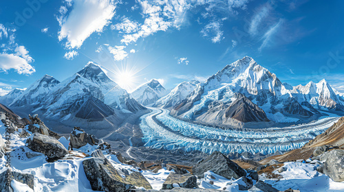 Panoramic view of Mount Everest and Nuptse glacier