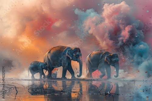 Elephant family creating a watercolor masterpiece with their trunks