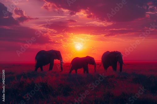Elephant family silhouette against a vibrant sunset on the African savanna