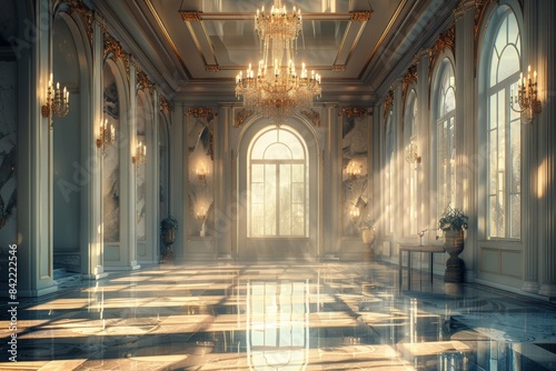 A grand hall of an art museum with a crystal chandelier and abstract art