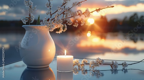 A white porcelain vase with a spray of cherry blossoms next to a flickering candle, on a reflective glass table that captures the last rays of the sun setting over a tranquil lake.