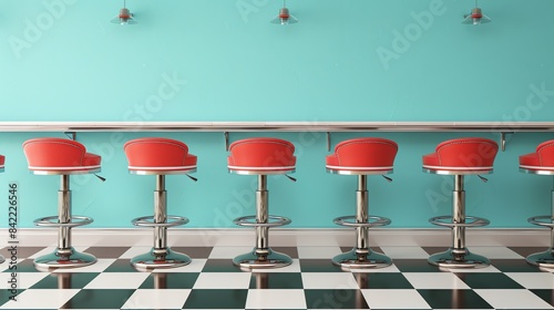 Retro diner interior with red bar stools and a mint green wall. The floor is checkered black and white. There are three lights on the wall.