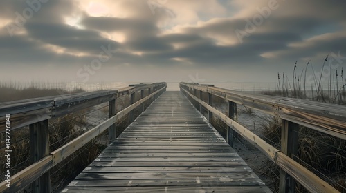 A wooden dock extends out over a calm sea. The sky is cloudy, but the sun is still shining. The water is a deep blue color, and the sand is white.