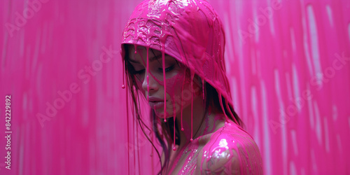 Horizontal banner. Female portrait. Young adult white woman in pink hood with bare shoulders, doused with bright magenta paint near wall. March 8 feminism, beauty, relax. Oil, ink drop, sludge, slime