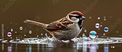 "Imagine a tiny tree sparrow joyfully taking a miniature bubble bath in a shallow puddle. Capture the sparrow's delight as it splashes around in the water, surrounded by tiny bubbles. Showcase the int