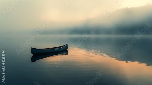 A solitary canoe floating on a still, misty lake at dawn.