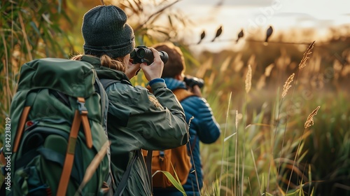 Two people birdwatching in nature with binoculars and backpacks