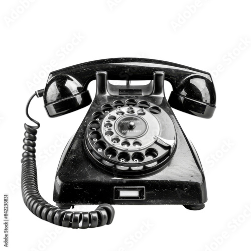 Vintage black rotary dial telephone Isolated on transparent background. Classic communication device showcasing nostalgic design and retro aesthetics.