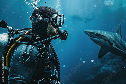 A scuba diver in full gear with a shark at the background - Generative AI
