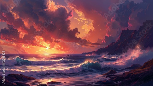 A picturesque painting capturing the sunset over the ocean, with vibrant colors reflecting on the water and a beautiful sky filled with cumulus clouds AIG50