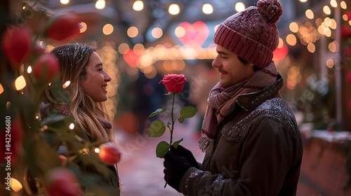 man proposing to his partner on Valentine's Day with a rose in hand