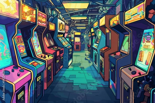 Cartoon cute doodles of a nostalgic arcade filled with colorful cabinets and flashing lights, Generative AI