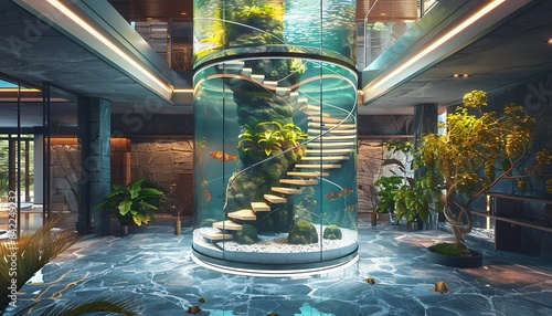 A luxury home entrance with a spiral staircase surrounded by a cylindrical aquarium, giving the illusion of walking up through water