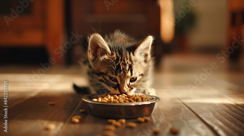 Kitten is eating in a cereal bowl, blur background inside the house. Cat Photography.