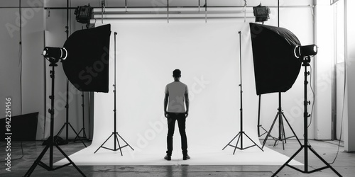 Man standing in front of photo studio with lights and white backdrop in background for business headshots portrait session
