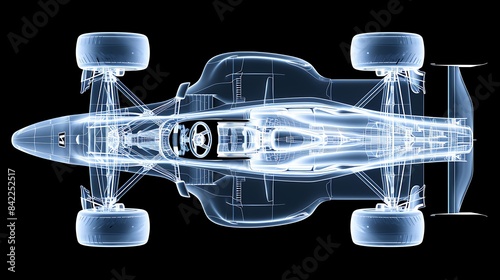 a f1 car on a black background, in the style of blue print 3d hologram, light white and light blue, ghosting effect